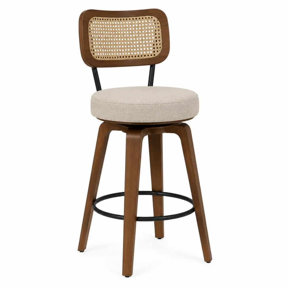 Taburete de madera y metal con respaldo de ratán y asiento beige