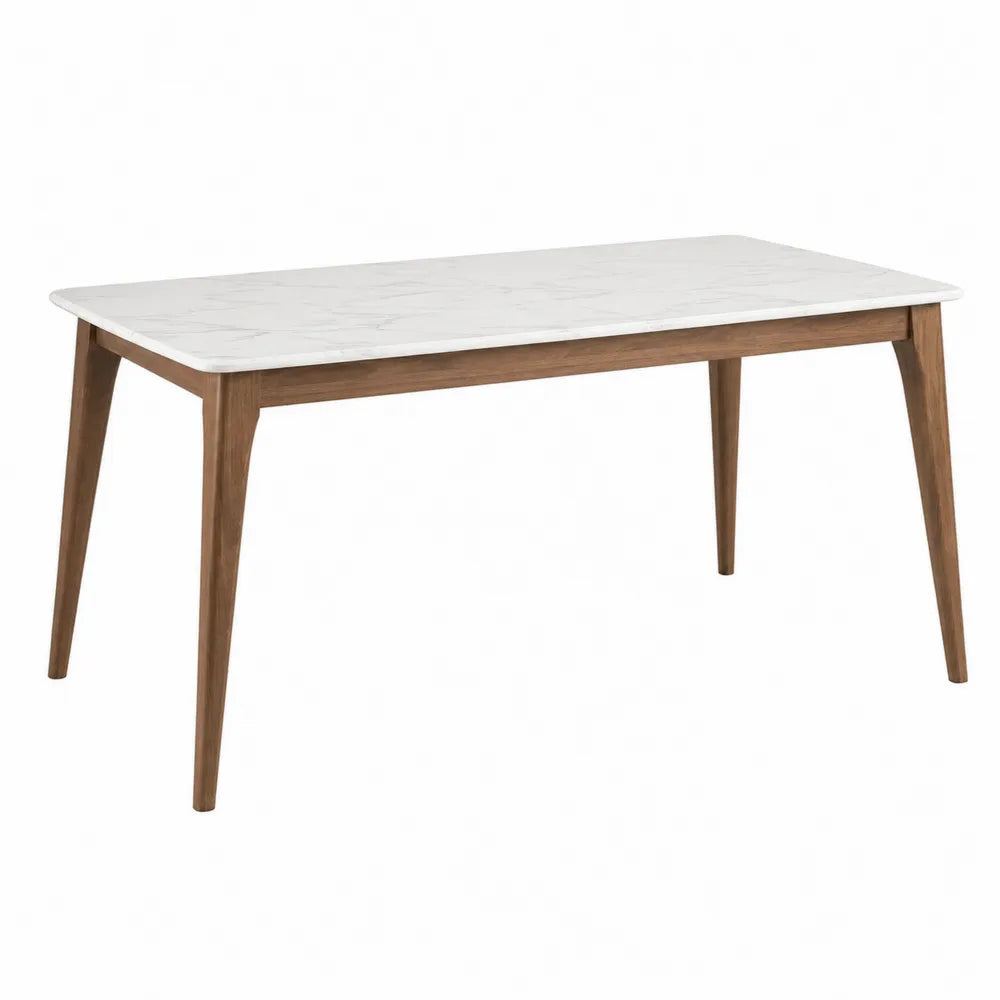 Mesa de comedor rectangular de mármol blanco y patas de madera 150x80x75 cm