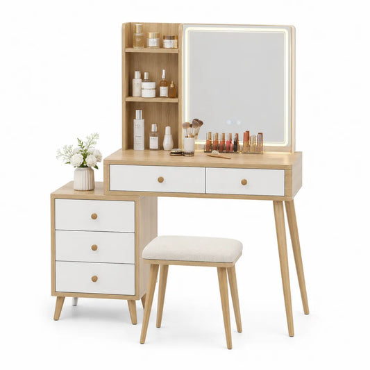 Tocador de Madera con Espejo LED y Taburete