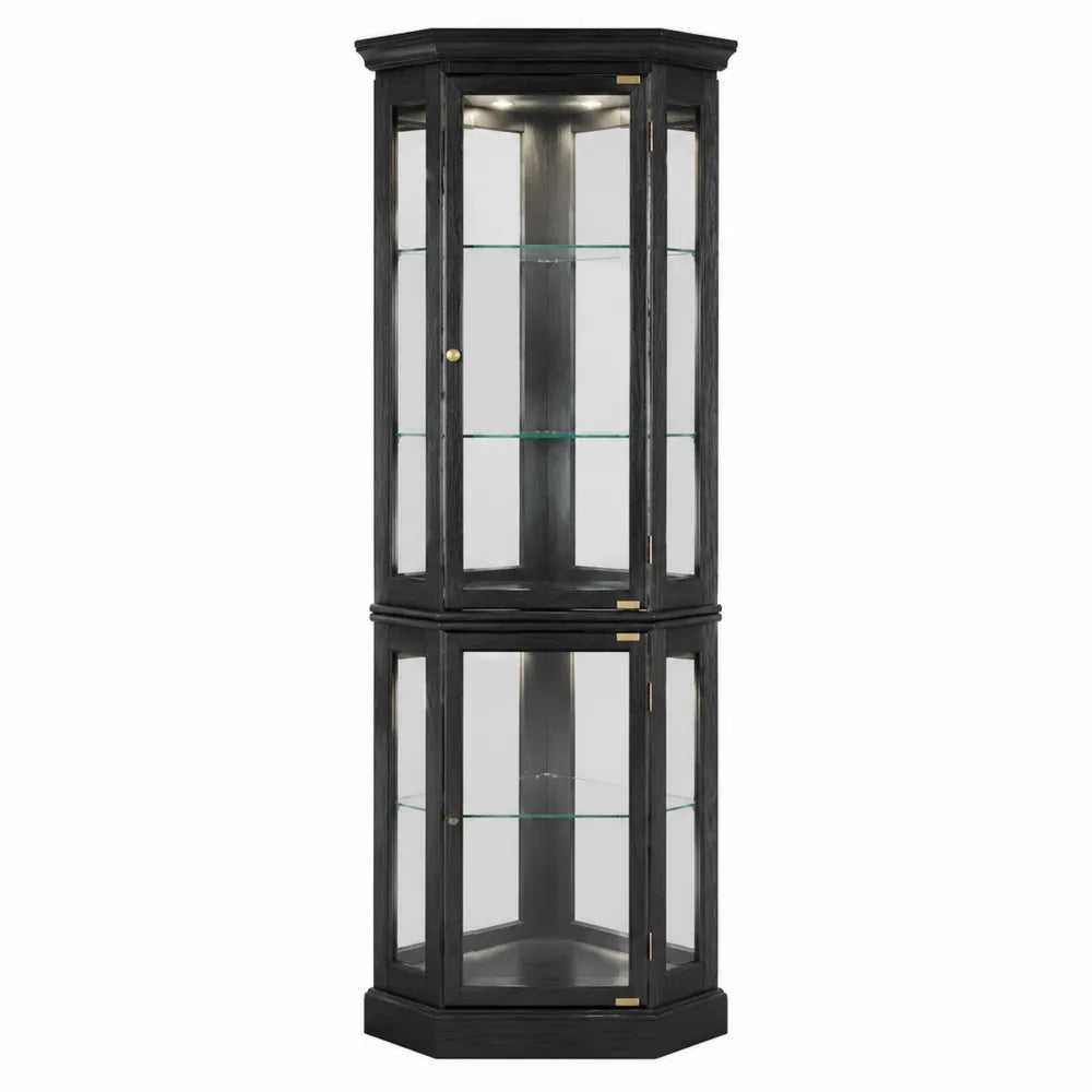 Vitrina de Esquina de Madera Negra con Estantes de Vidrio Templado y LED