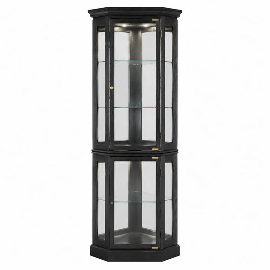 Vitrina de Esquina de Madera Negra con Estantes de Vidrio Templado y LED