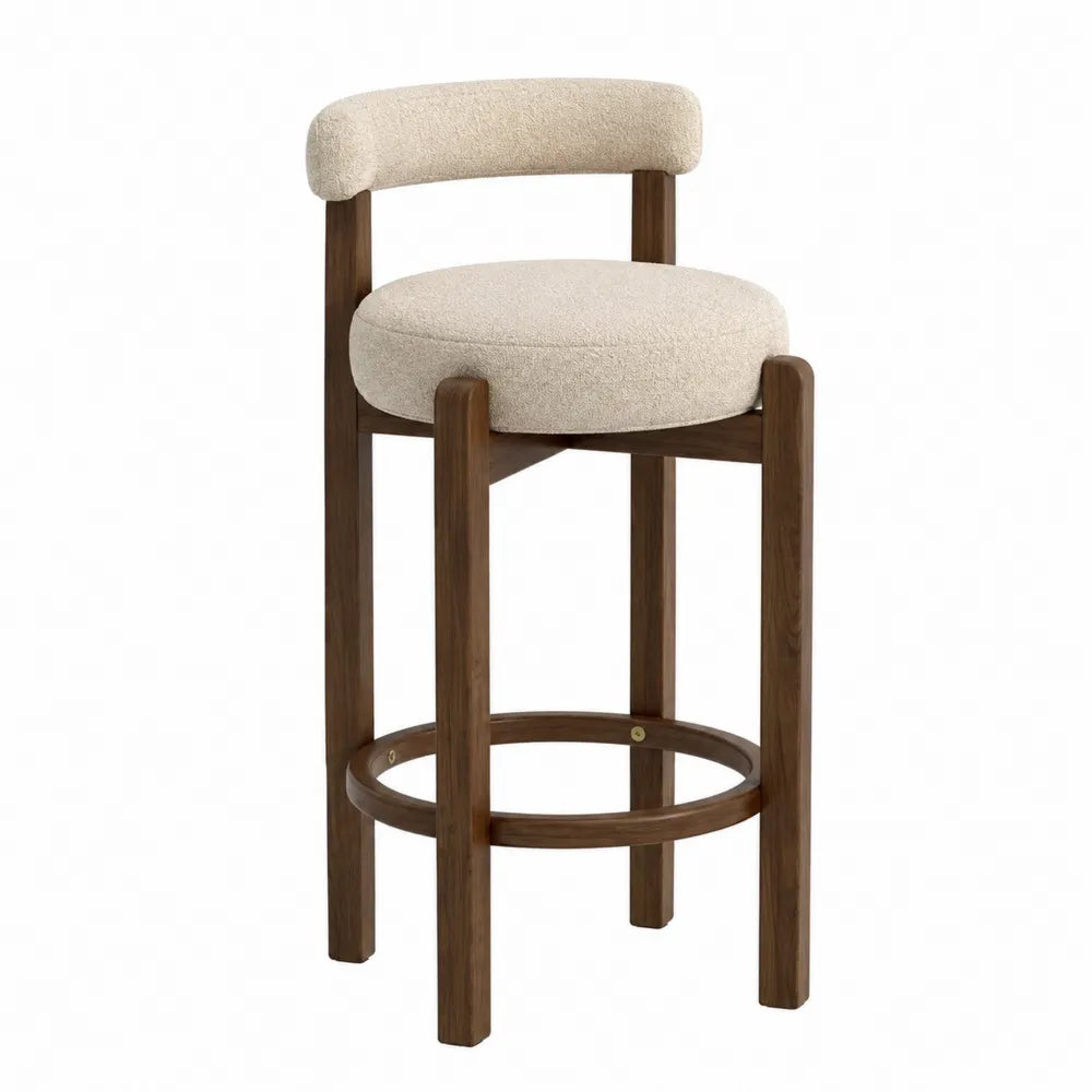 Taburete de bar con asiento de tela boucle y estructura de madera maciza
