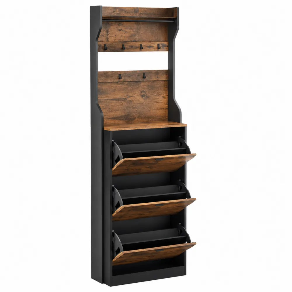 Estantería de Madera y Metal para Zapatos con 4 Niveles y Ganchos Marrón/Negro