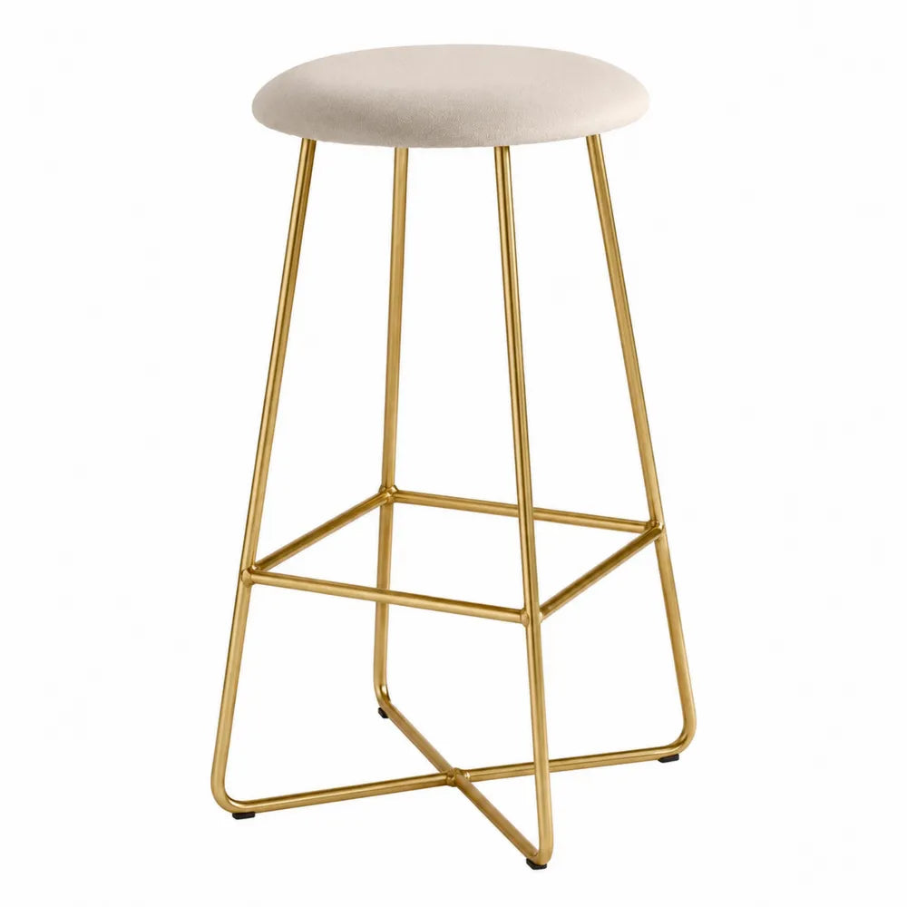 Taburete de metal dorado con asiento de tela beige