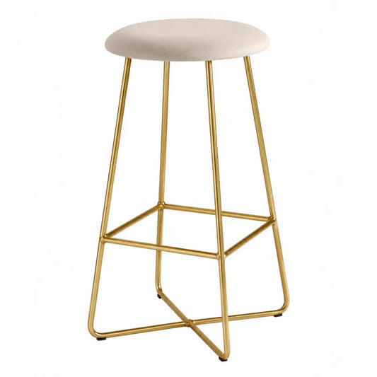 Taburete de metal dorado con asiento de tela beige