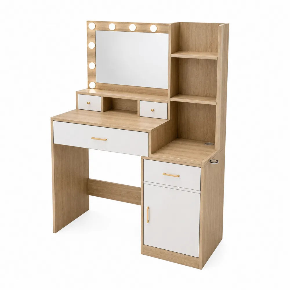 Tocador con espejo iluminado y almacenamiento de tablero de partículas