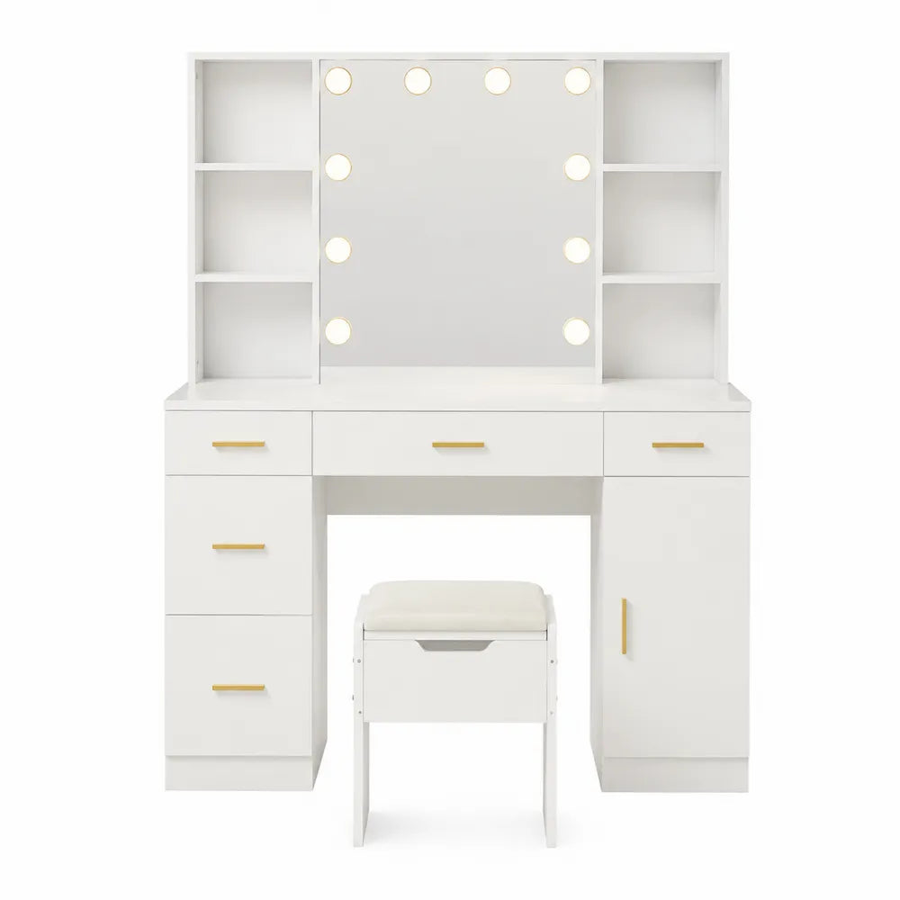 Tocador de MDF con espejo LED y taburete blanco