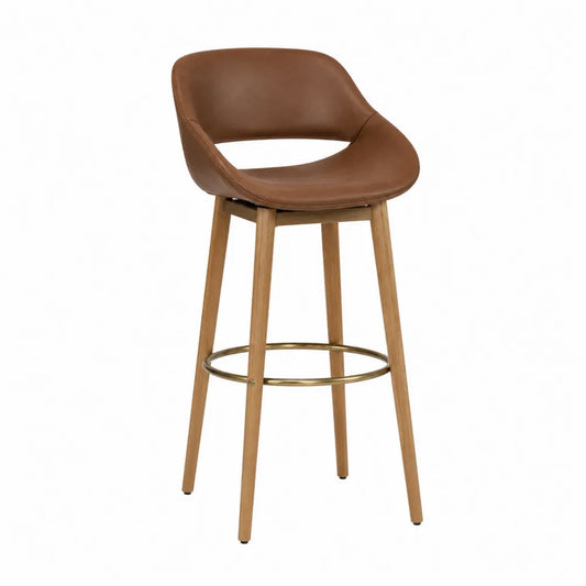 Taburete de bar marrón con asiento de piel sintética y patas de madera maciza, altura 105 cm