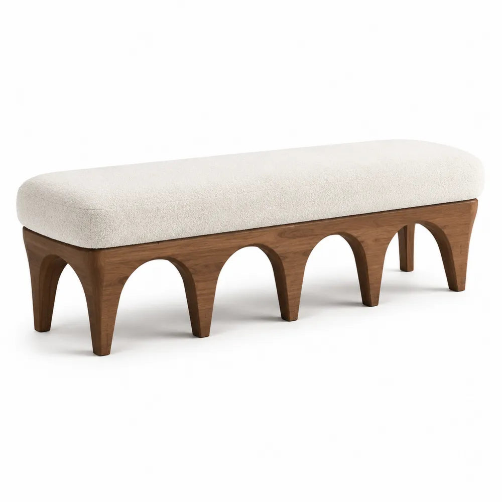 Banco de madera de nogal y poliéster crema 150x40x45 cm