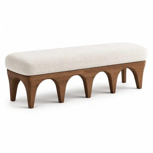 Banco de madera de nogal y poliéster crema 150x40x45 cm