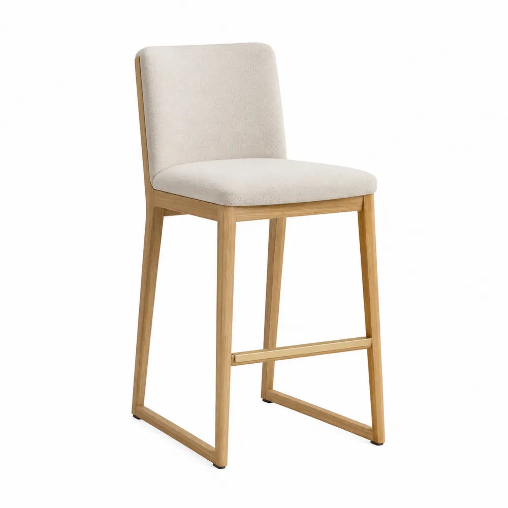 Taburete de Bar de Tela Beige con Estructura de Madera de Roble