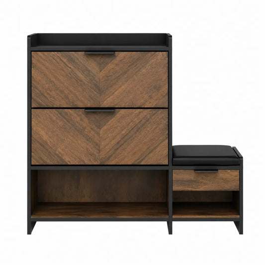 Zapatero de MDF con banco y cojín PU negro 80x45x30 cm